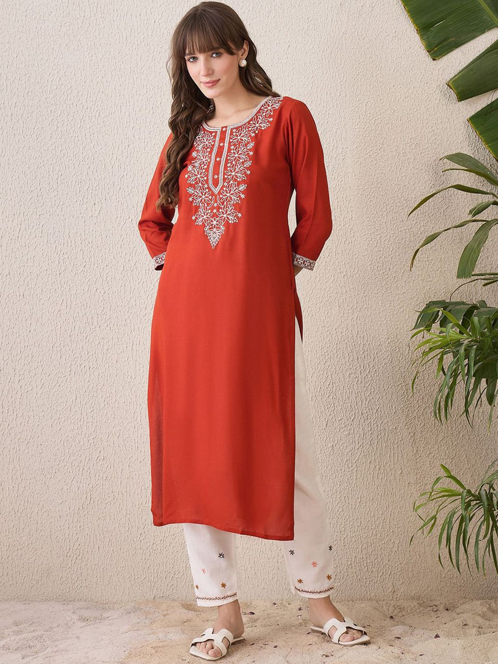 Indo Era Floral Yoke Design Thread Work Cotton Straight Kurta | Grocsy