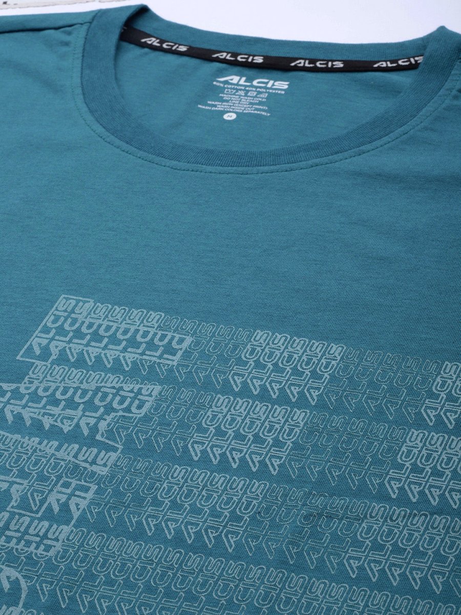Alcis Men Teal Blue Typography Printed Slim Fit Gym T-shirt | Grocsy
