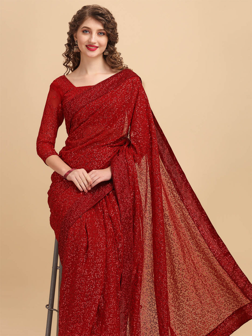 Sangria Maroon Embellished Sequinned Pure Georgette Saree | Grocsy