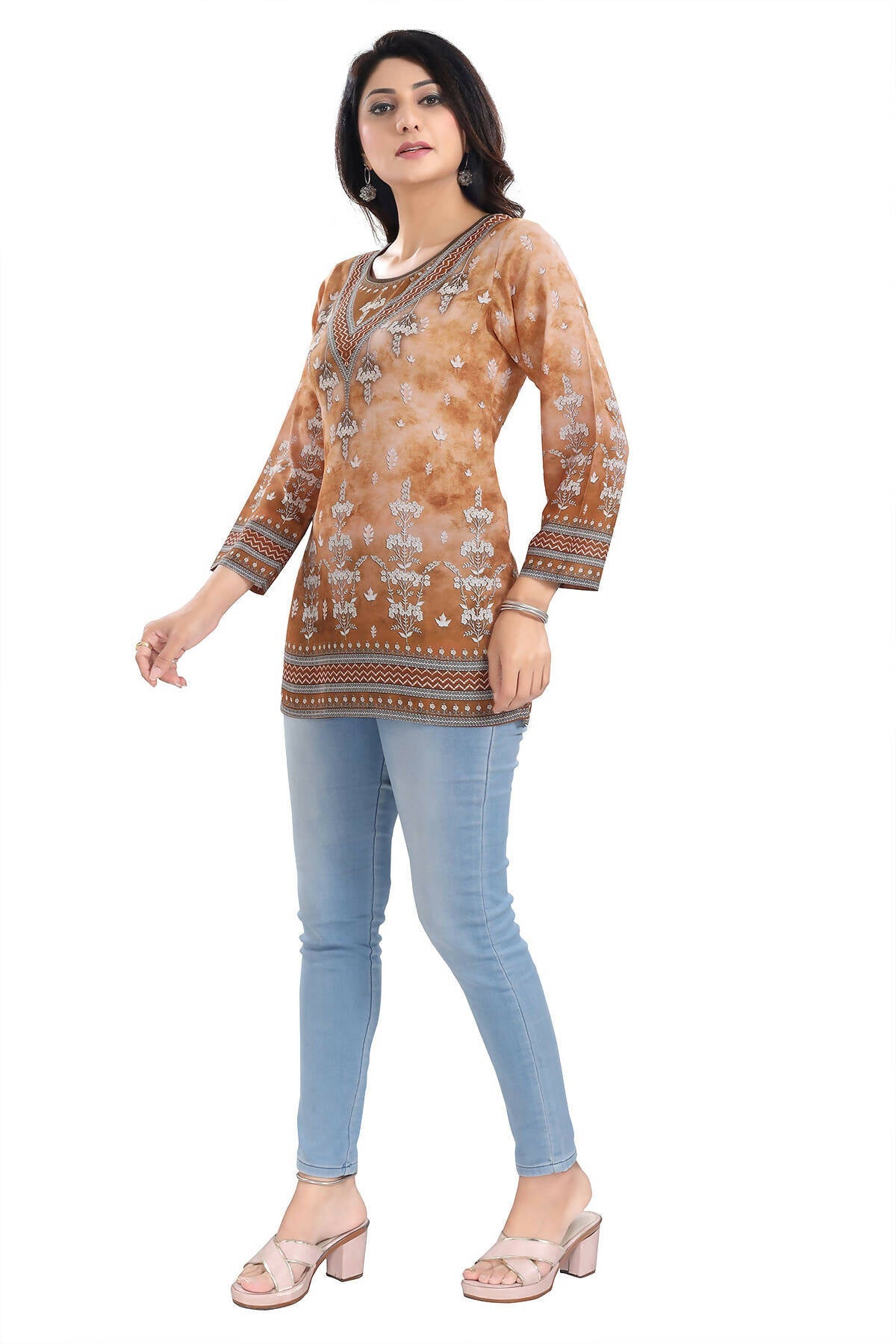 Snehal Creations Rustic Brown Faux Crepe Printed Short Kurti Tunic Top | Grocsy