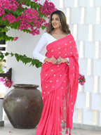 Beatitude Pink Khadi Floral Embroidered Saree | Grocsy