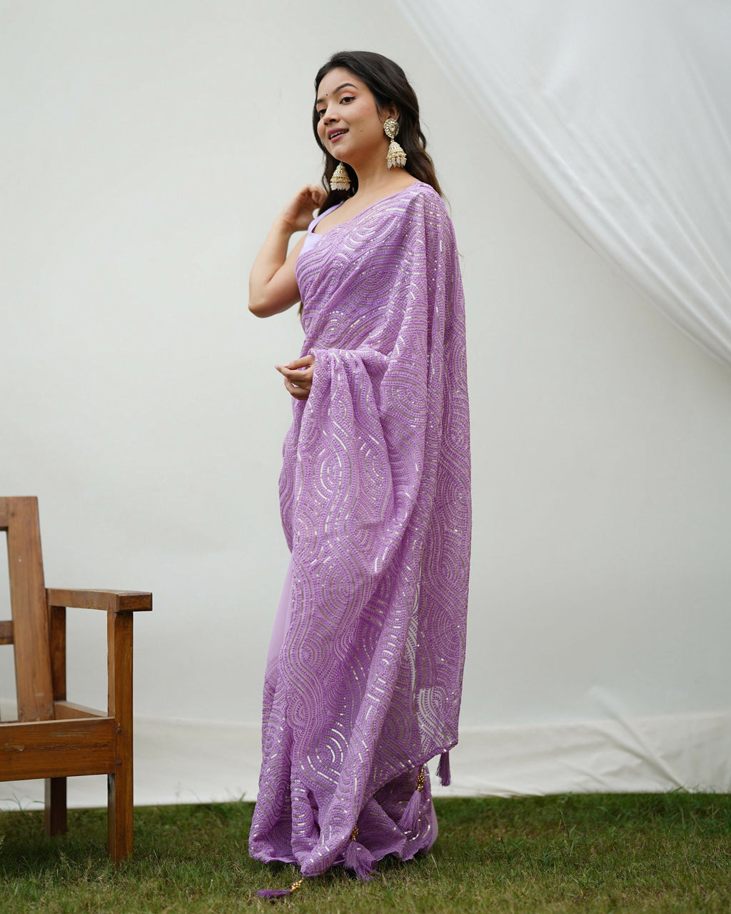 Vamsee Trending Sequins 1 Lavender Georgette Saree | Grocsy