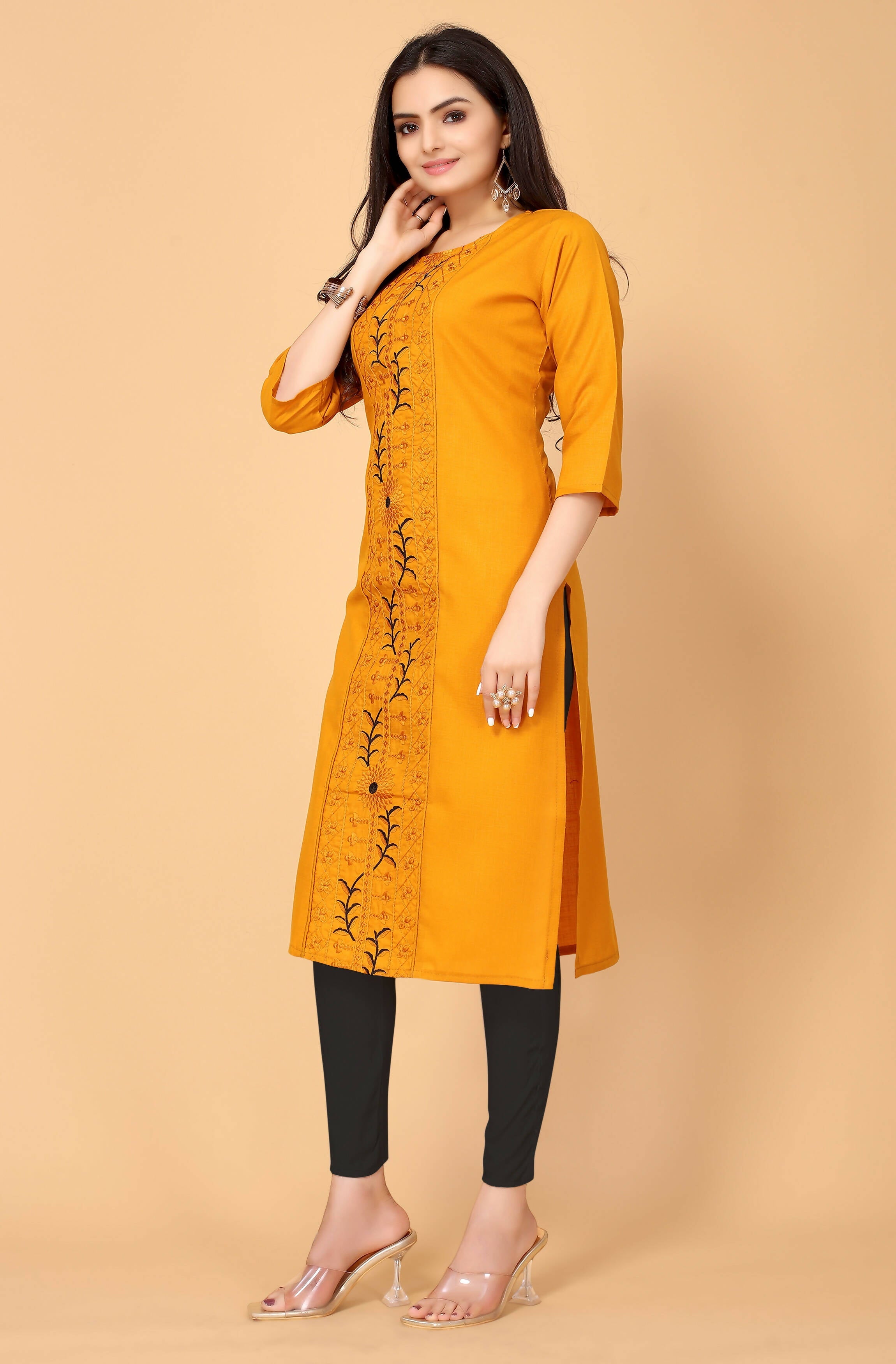 Musterd Cottan Slub Embroidery Kurti - Umi | Grocsy