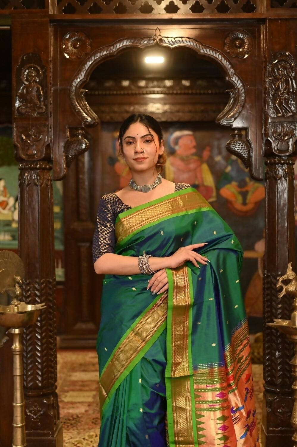 Very Much Indian Pure Silk Paithani - Dual Tone Blue Green | Grocsy