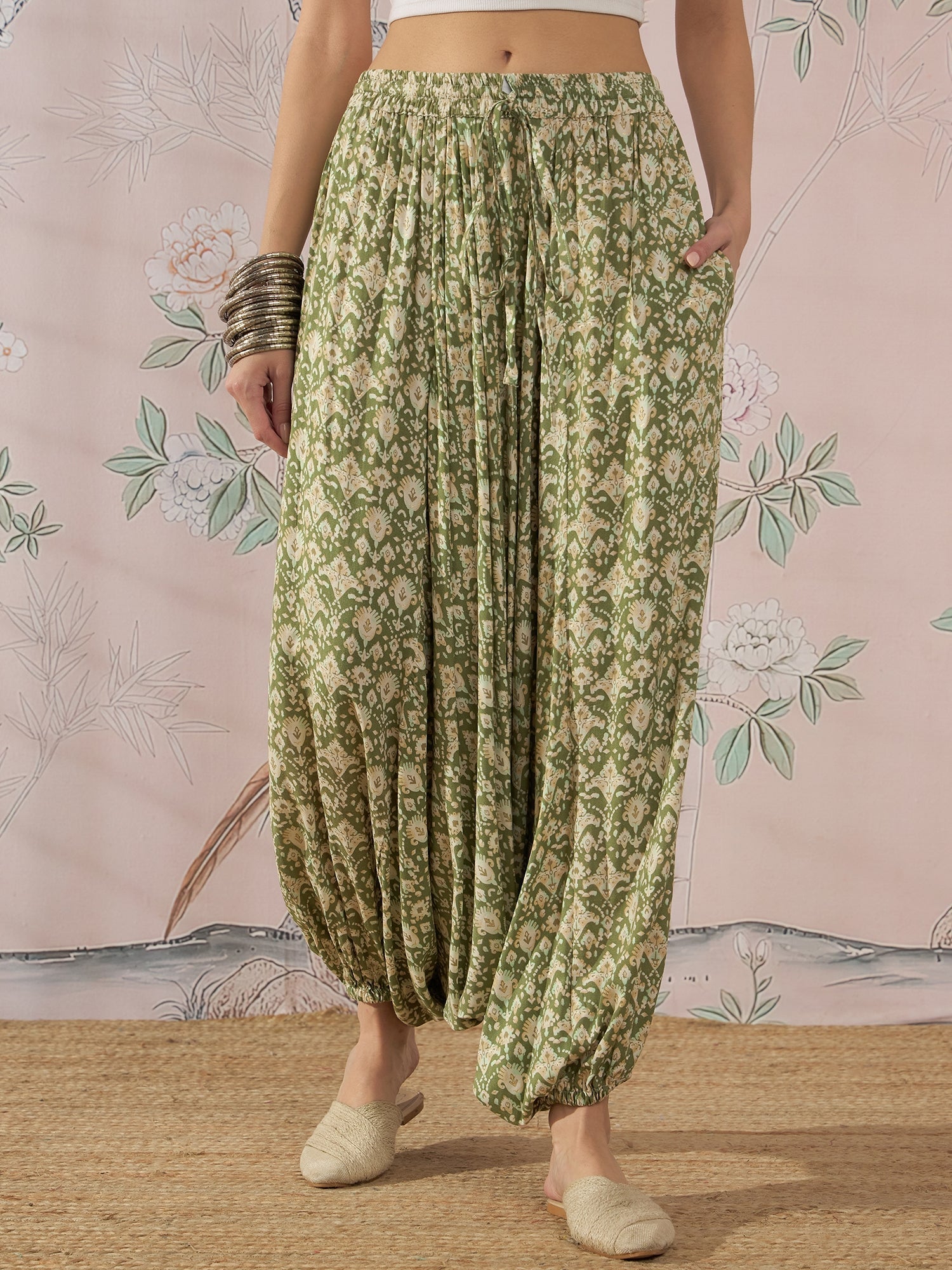 InWeave Apple Green Ikkat Print Harem Pant | Grocsy