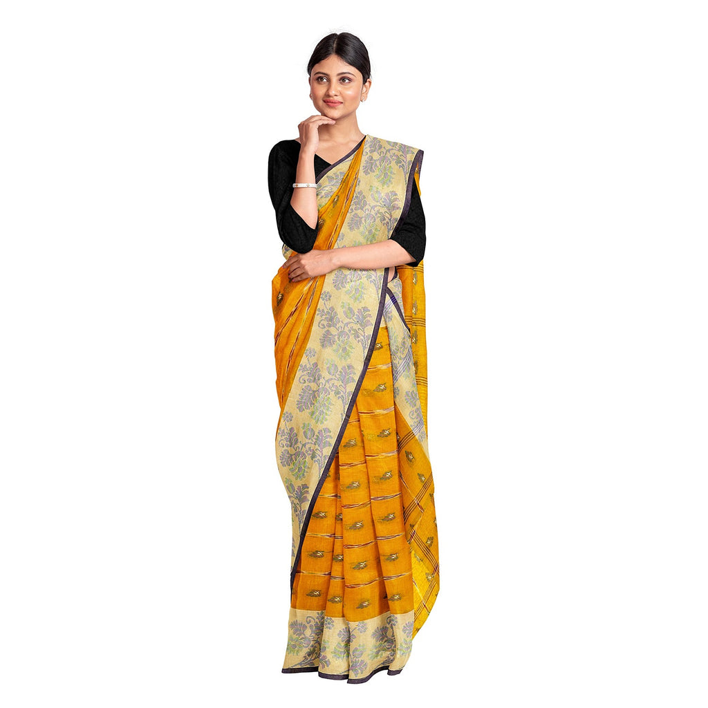 Exclusive Collection 100% Pure Cotton Yellow Tant Saree With Hand Weaving Work | Grocsy