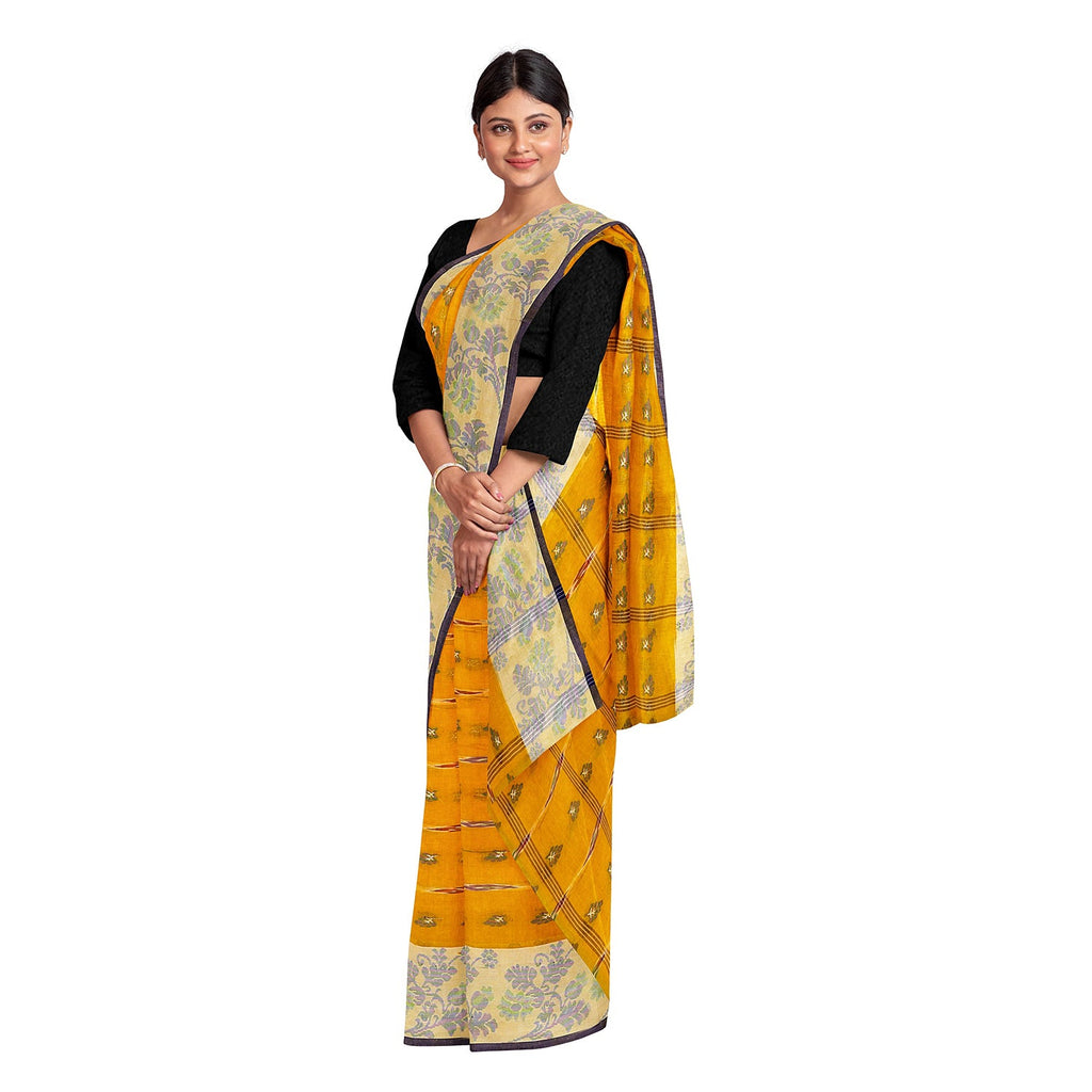 Exclusive Collection 100% Pure Cotton Yellow Tant Saree With Hand Weaving Work | Grocsy