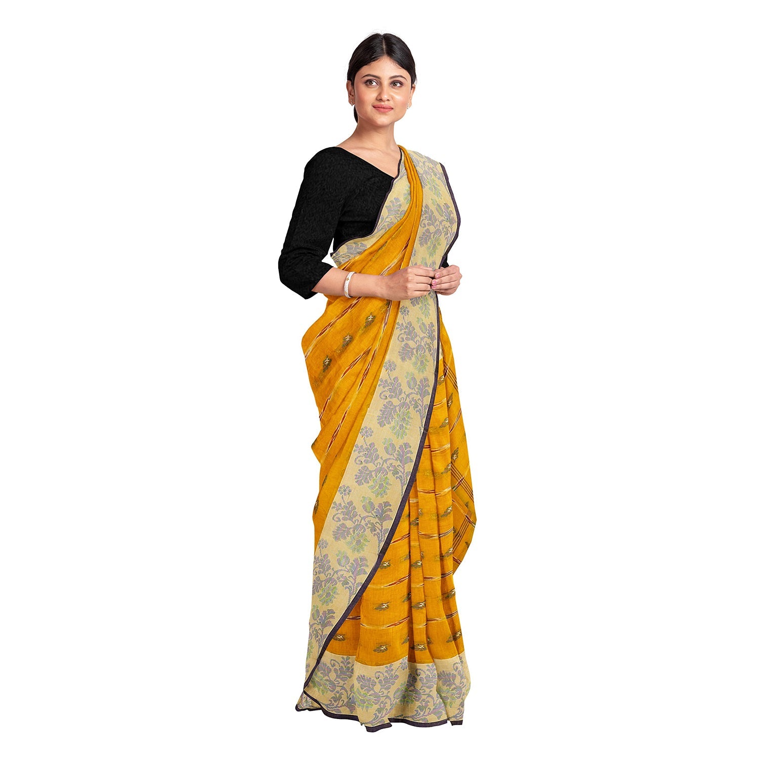 Exclusive Collection 100% Pure Cotton Yellow Tant Saree With Hand Weaving Work | Grocsy