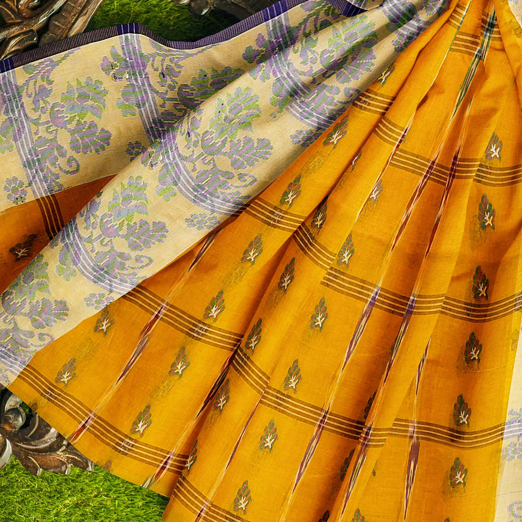 Exclusive Collection 100% Pure Cotton Yellow Tant Saree With Hand Weaving Work | Grocsy