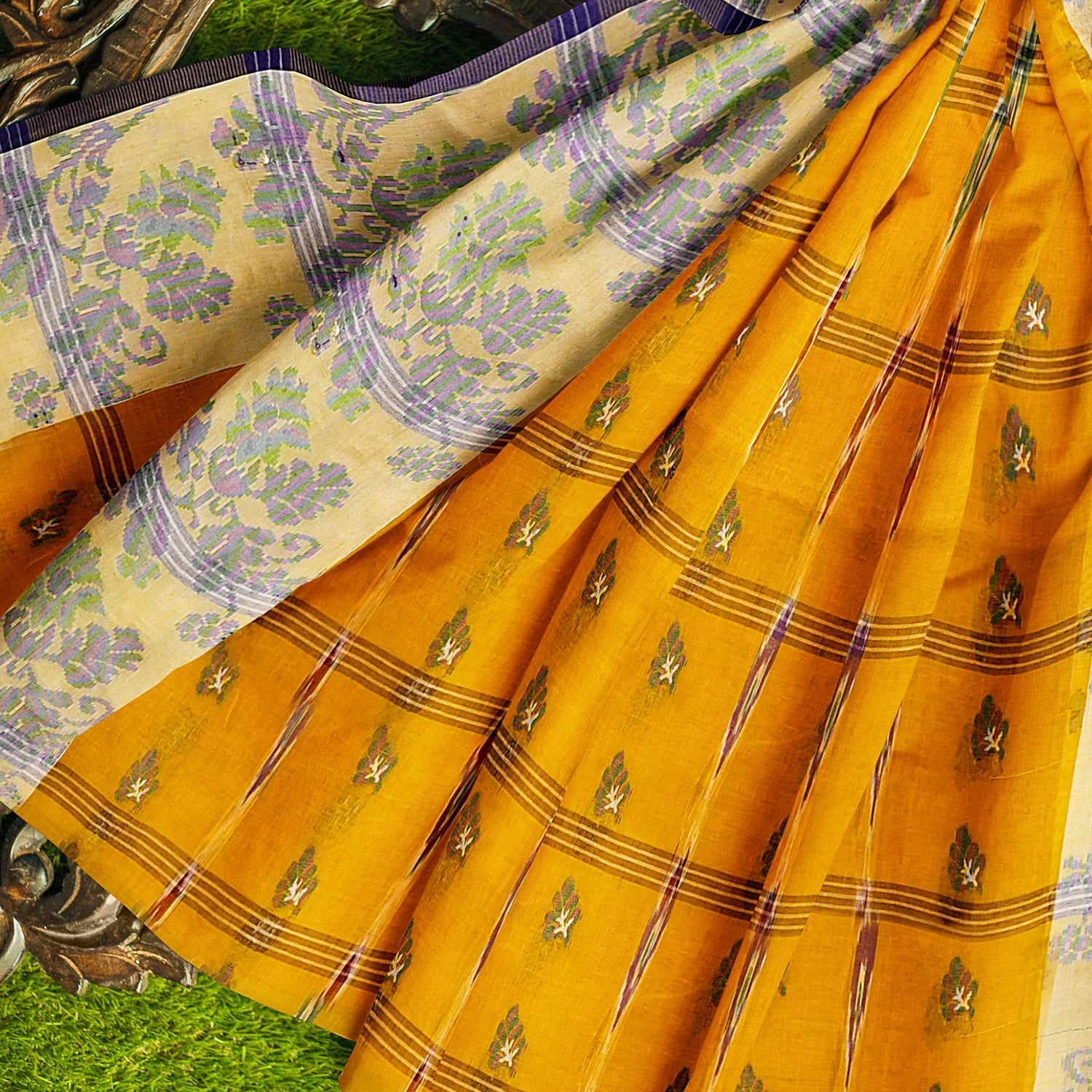 Exclusive Collection 100% Pure Cotton Yellow Tant Saree With Hand Weaving Work | Grocsy