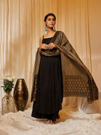 InWeave Women's Black Strappy Kurta Palazzo Set With Green Boota Dupatta | Grocsy
