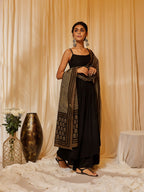 InWeave Women's Black Strappy Kurta Palazzo Set With Green Boota Dupatta | Grocsy