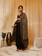 InWeave Women's Black Strappy Kurta Palazzo Set With Green Boota Dupatta | Grocsy