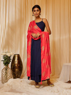 InWeave Women's Navy Blue Strappy Kurta Palazzo Set With Red Gold Dupatta | Grocsy