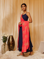 InWeave Women's Navy Blue Strappy Kurta Palazzo Set With Red Gold Dupatta | Grocsy