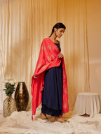 InWeave Women's Navy Blue Strappy Kurta Palazzo Set With Red Gold Dupatta | Grocsy
