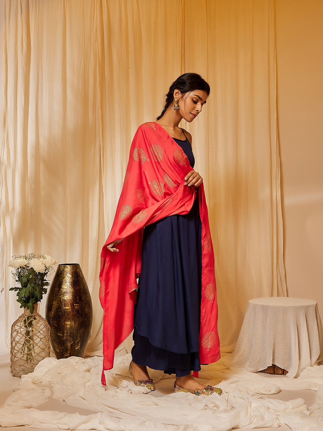 InWeave Women's Navy Blue Strappy Kurta Palazzo Set With Red Gold Dupatta | Grocsy