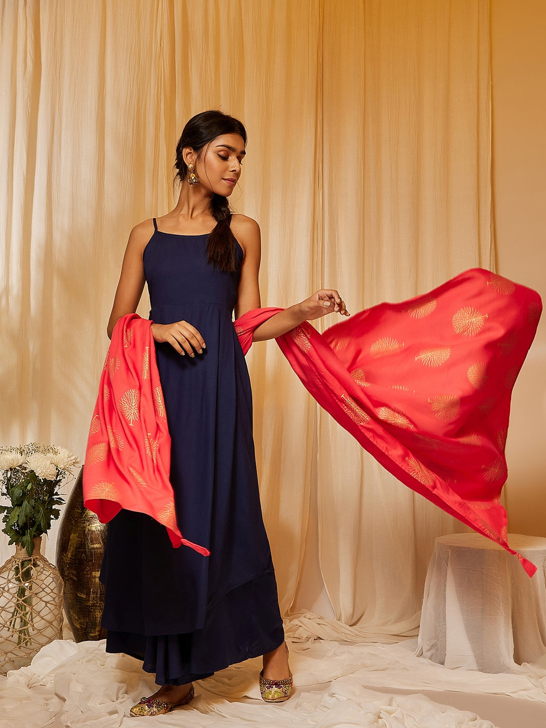InWeave Women's Navy Blue Strappy Kurta Palazzo Set With Red Gold Dupatta | Grocsy