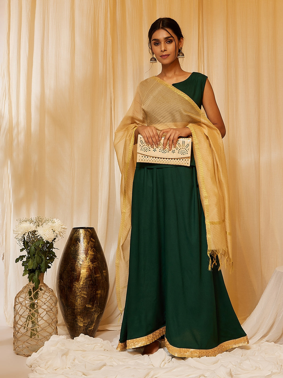 InWeave Bottle Green Skirt Top Set | Grocsy
