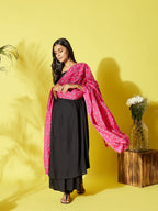 InWeave Women's Black Strappy Kurta Palazzo Set With Pink Bandhini Dupatta | Grocsy