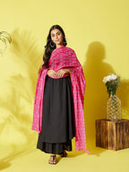InWeave Women's Black Strappy Kurta Palazzo Set With Pink Bandhini Dupatta | Grocsy