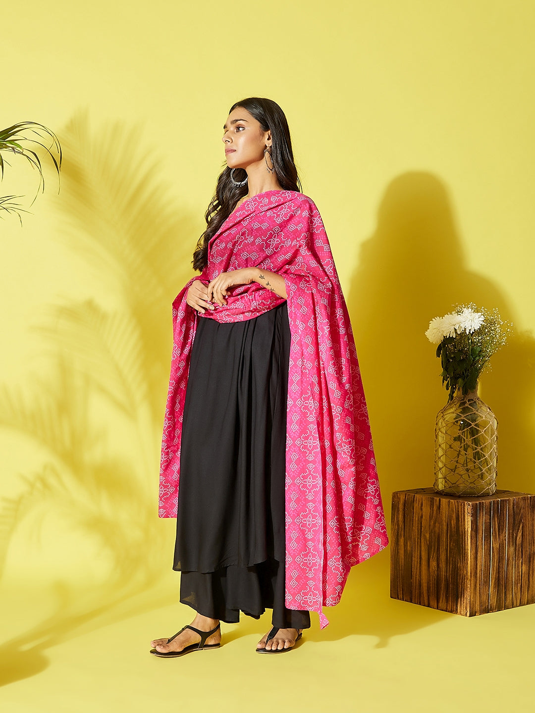 InWeave Women's Black Strappy Kurta Palazzo Set With Pink Bandhini Dupatta | Grocsy