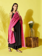 InWeave Women's Black Strappy Kurta Palazzo Set With Pink Bandhini Dupatta | Grocsy