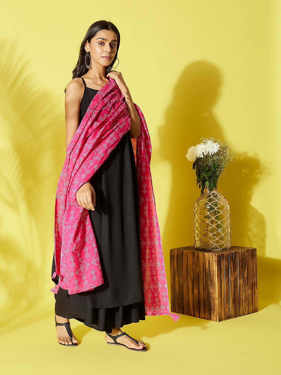 InWeave Women's Black Strappy Kurta Palazzo Set With Pink Bandhini Dupatta | Grocsy