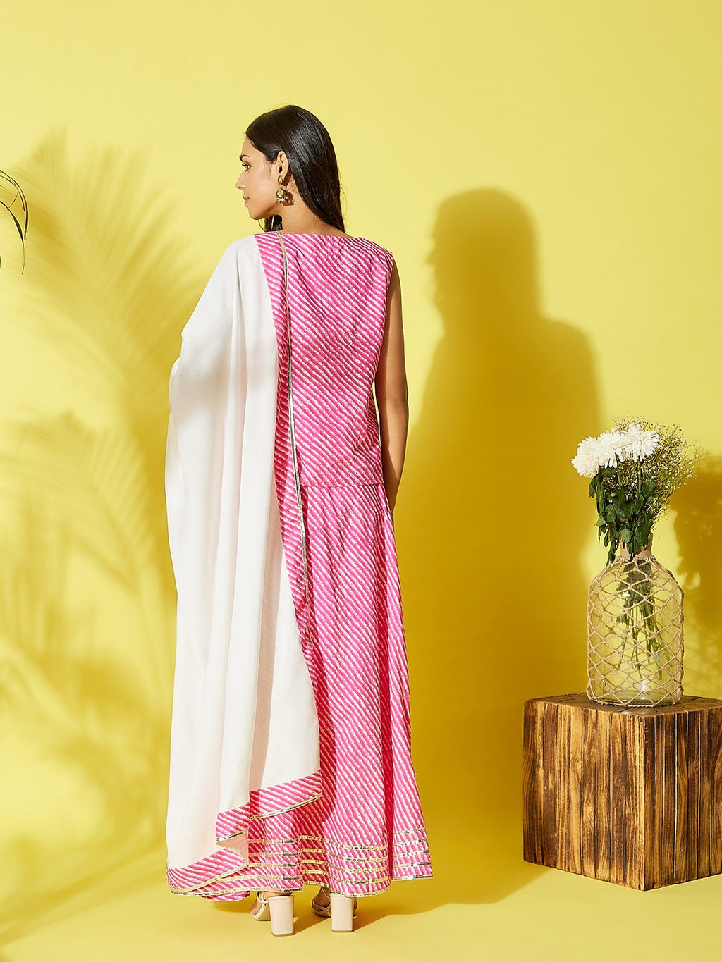 InWeave Pink Lehriya Top Set With Dupatta | Grocsy