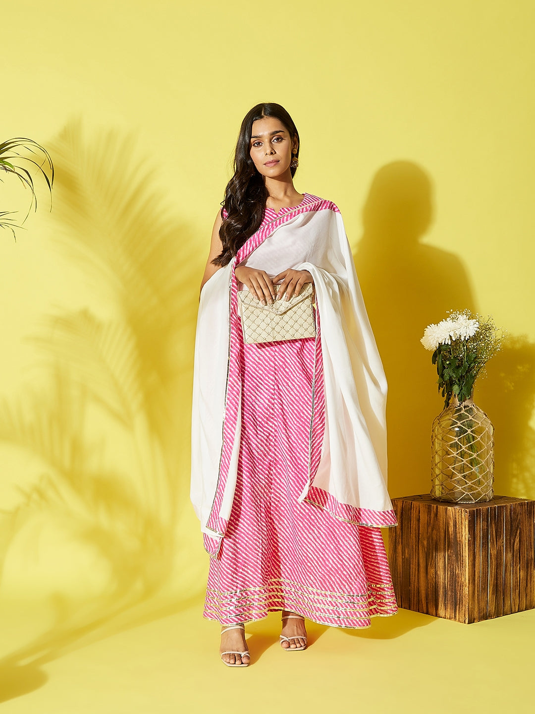 InWeave Pink Lehriya Top Set With Dupatta | Grocsy