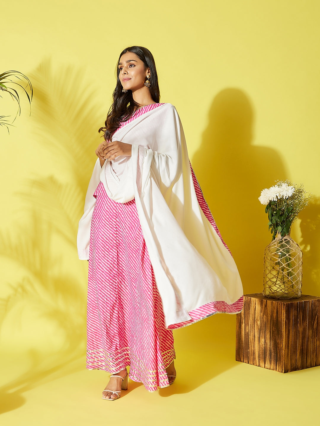 InWeave Pink Lehriya Top Set With Dupatta | Grocsy