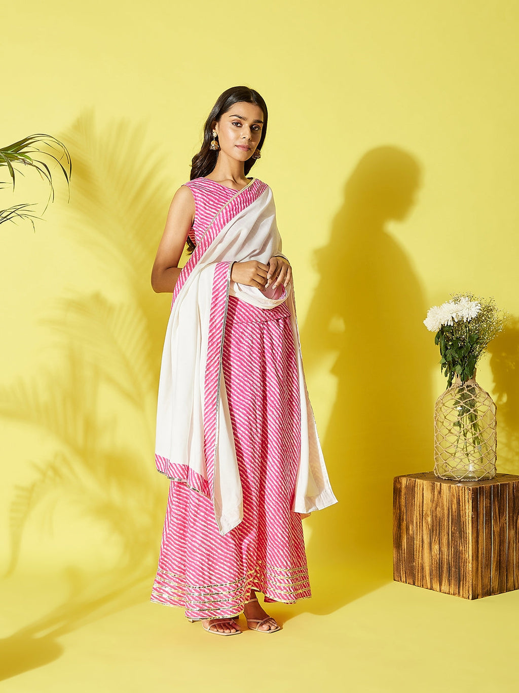 InWeave Pink Lehriya Top Set With Dupatta | Grocsy