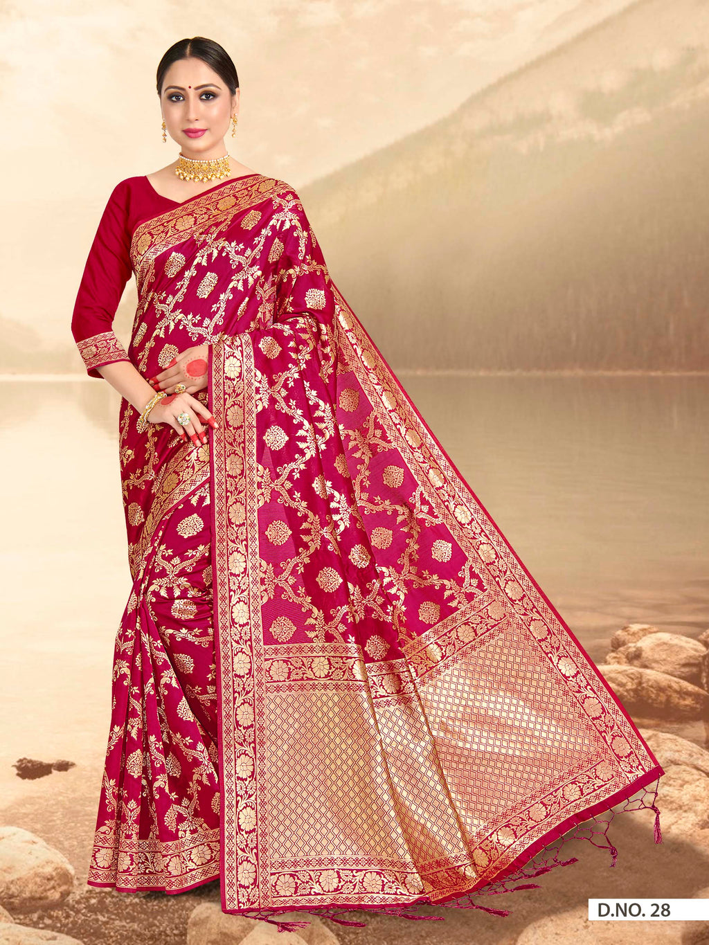 Vardha Ruby Pink Woven Banarasi Saree | Grocsy