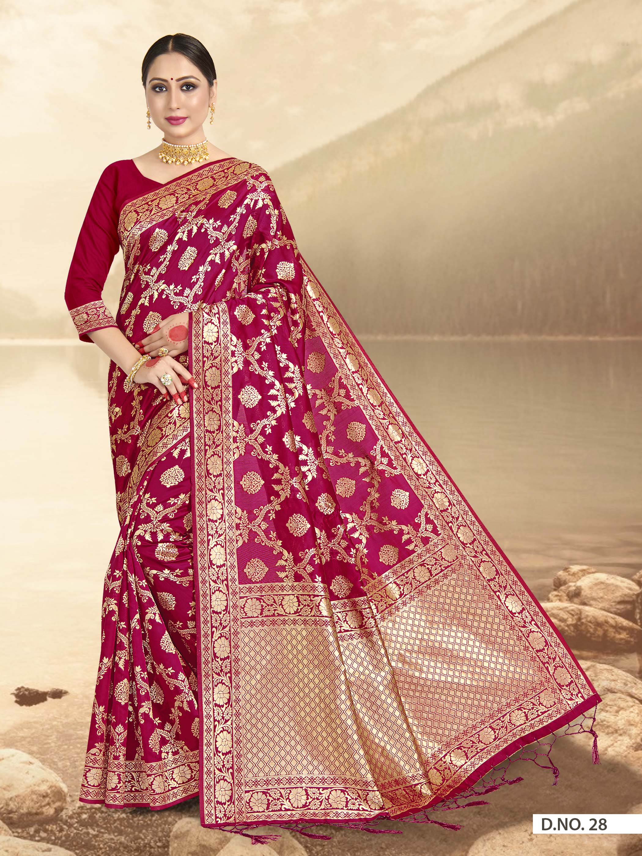 Vardha Ruby Pink Woven Banarasi Saree | Grocsy