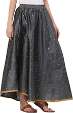PAVONINE Grey Color Golden Zari Work Satan Fabric Maxi Skirt For Women | Grocsy