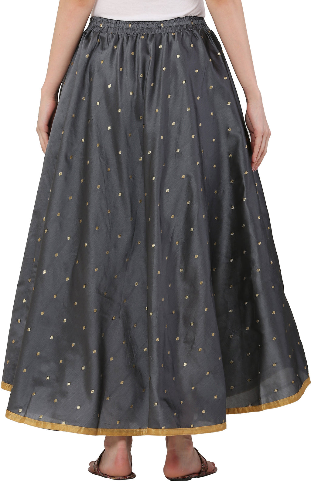 PAVONINE Grey Color Golden Zari Work Satan Fabric Maxi Skirt For Women | Grocsy