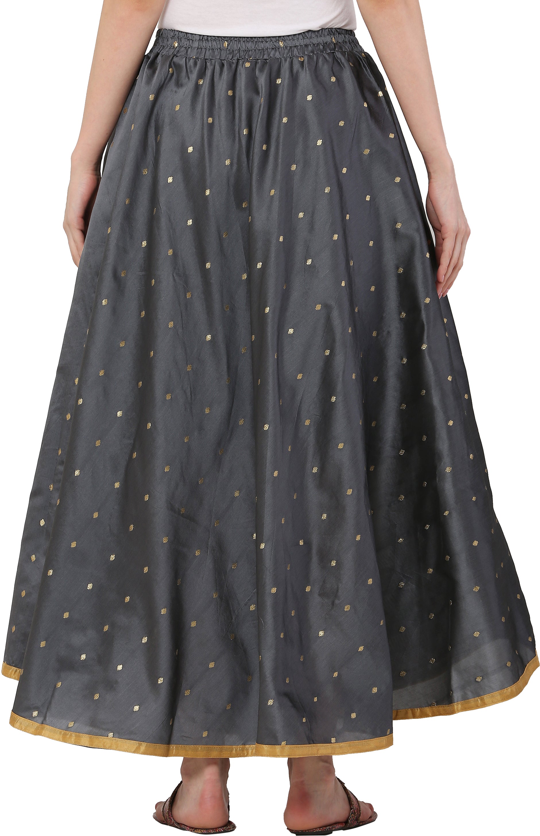PAVONINE Grey Color Golden Zari Work Satan Fabric Maxi Skirt For Women | Grocsy
