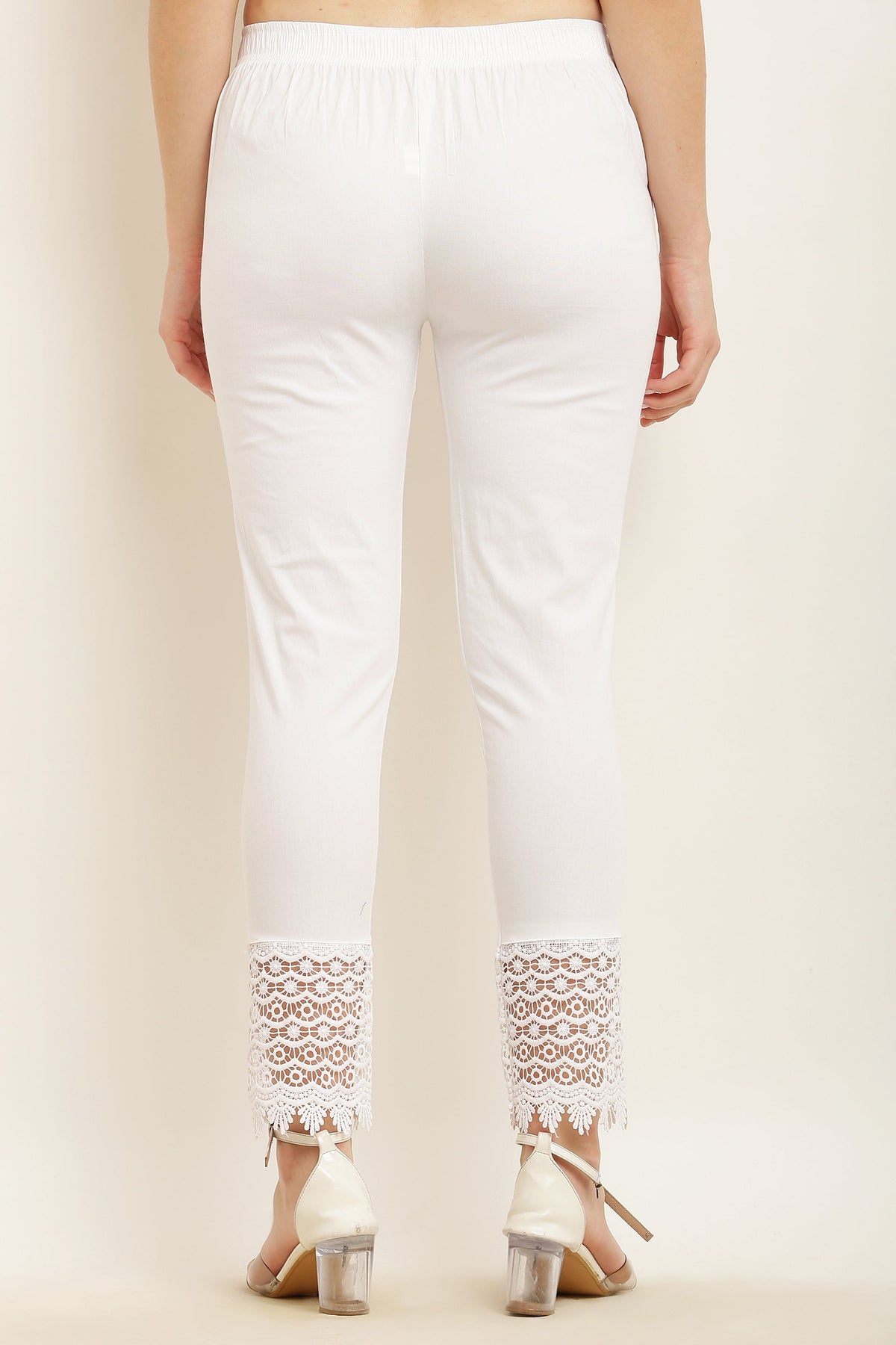 PAVONINE White Color Dot Kirosia Lace Hem Cotton Fabric Palazzo For Women | Grocsy