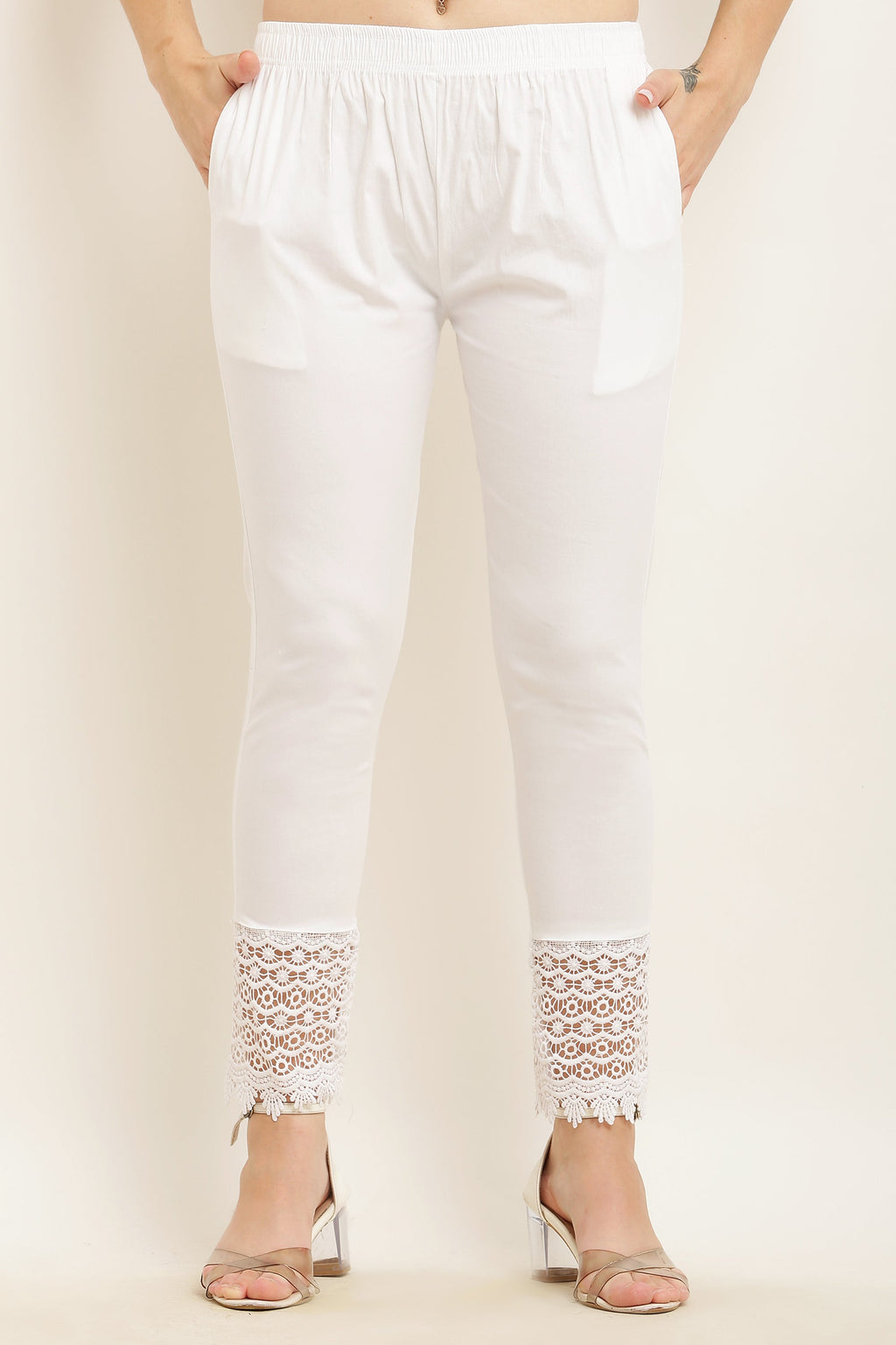 PAVONINE White Color Dot Kirosia Lace Hem Cotton Fabric Palazzo For Women | Grocsy