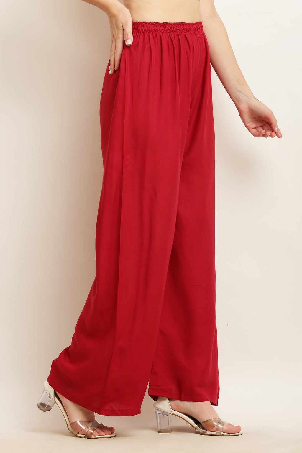 PAVONINE Maroon Color Straight Fit Rayon Fabric Palazzo | Grocsy