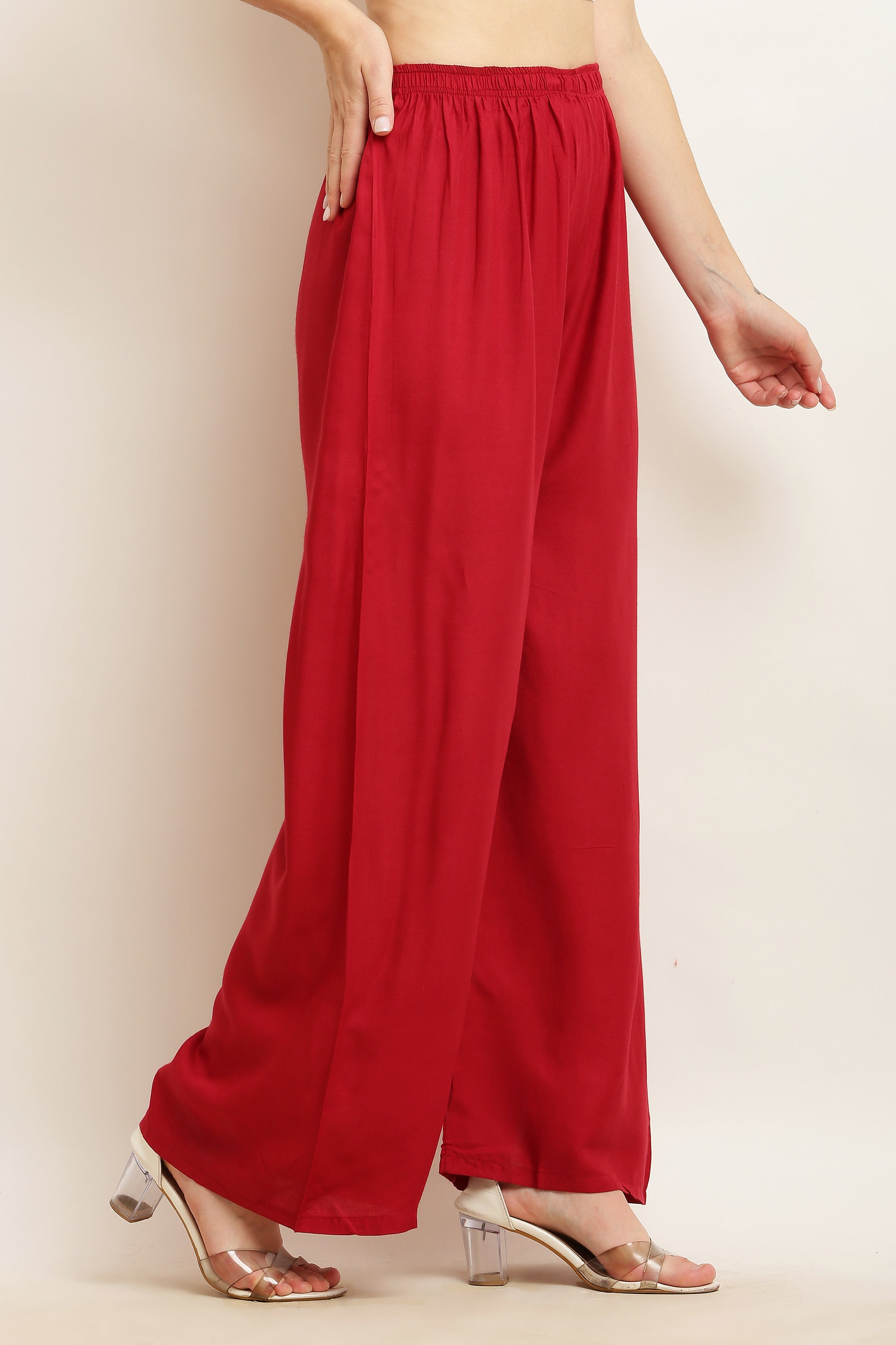 PAVONINE Maroon Color Straight Fit Rayon Fabric Palazzo | Grocsy