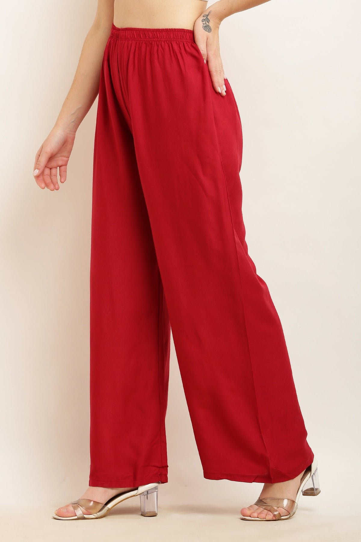 PAVONINE Maroon Color Straight Fit Rayon Fabric Palazzo | Grocsy