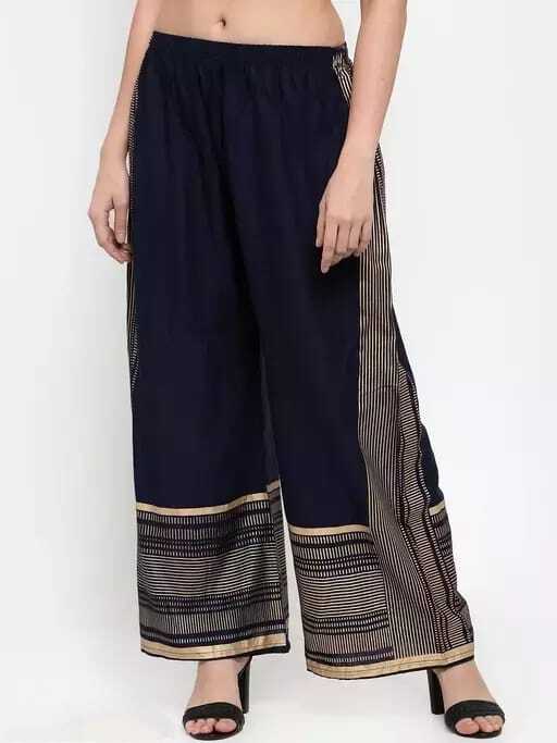 PAVONINE Navy Blue Color Rayon Fabric Side Print Palazzo For Women | Grocsy