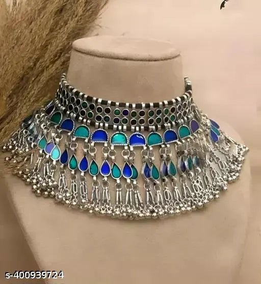 Tehzeeb Creations Women's Silver Colour Oxidised Necklace Set With Blue Colour Meenakari Work | Grocsy