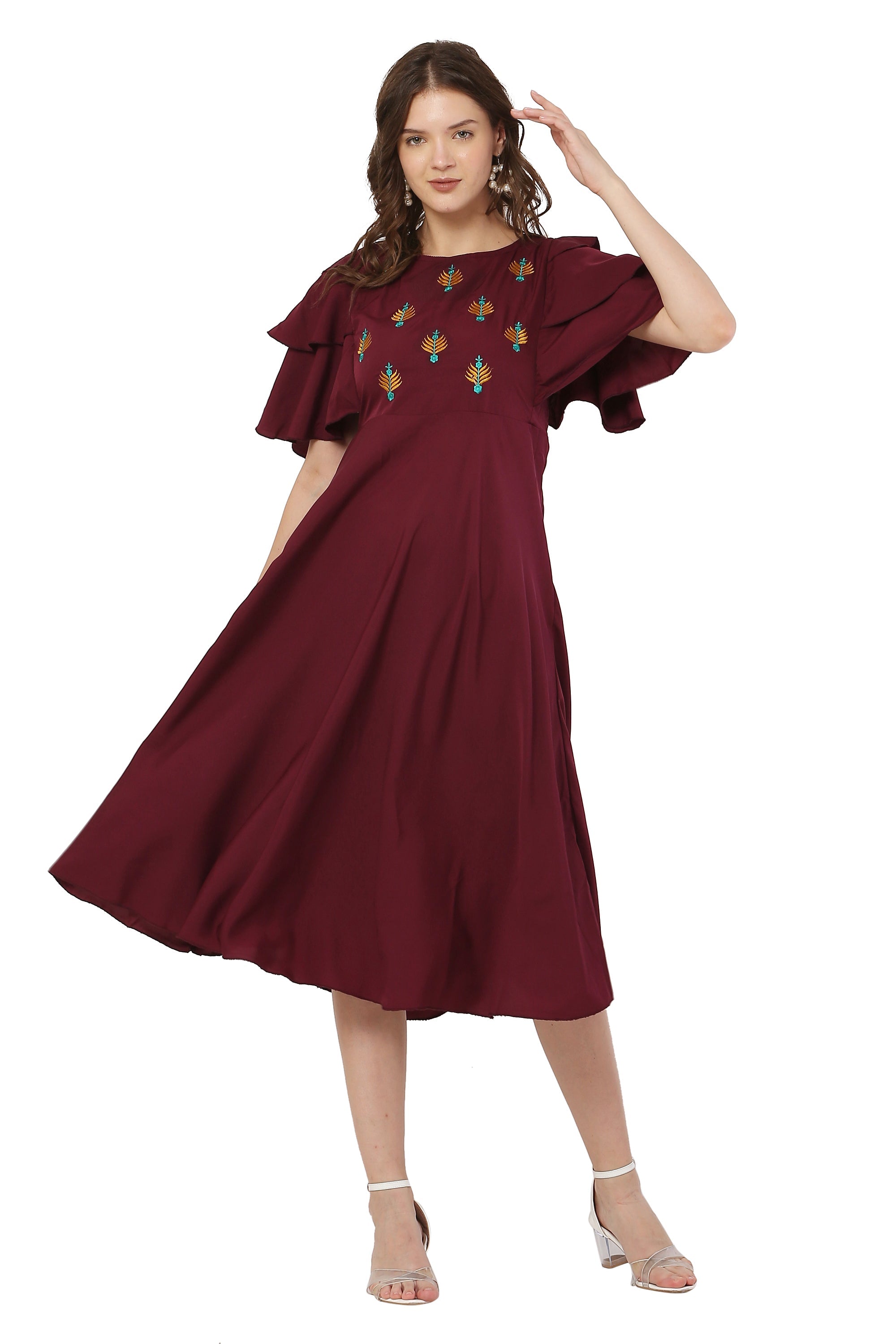 PAVONINE Maroon Color Crepe Fabric Embroidery Dress For Women | Grocsy