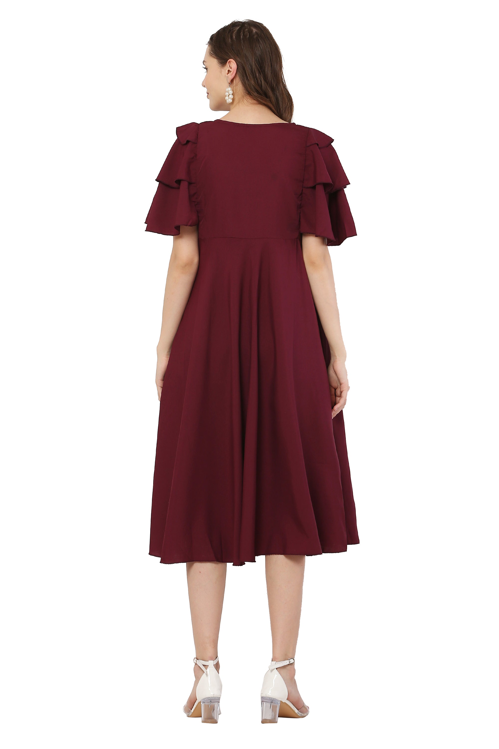 PAVONINE Maroon Color Crepe Fabric Embroidery Dress For Women | Grocsy