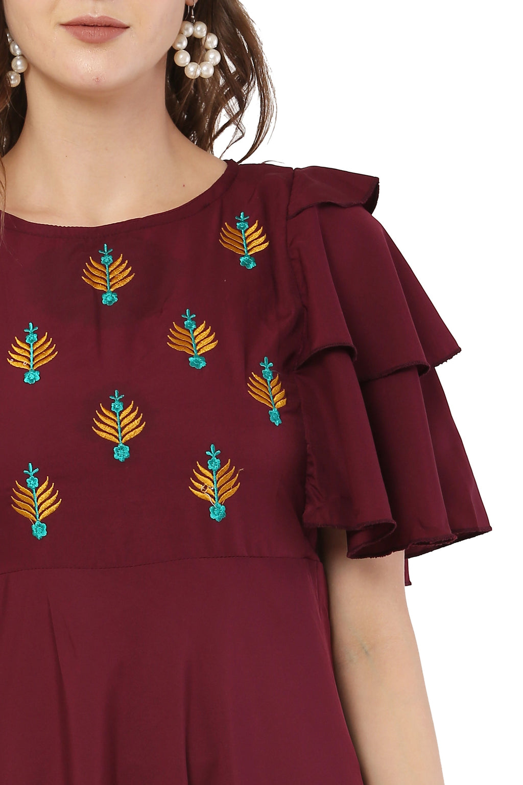 PAVONINE Maroon Color Crepe Fabric Embroidery Dress For Women | Grocsy