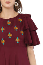 PAVONINE Maroon Color Crepe Fabric Embroidery Dress For Women | Grocsy