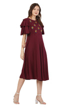PAVONINE Maroon Color Crepe Fabric Embroidery Dress For Women | Grocsy