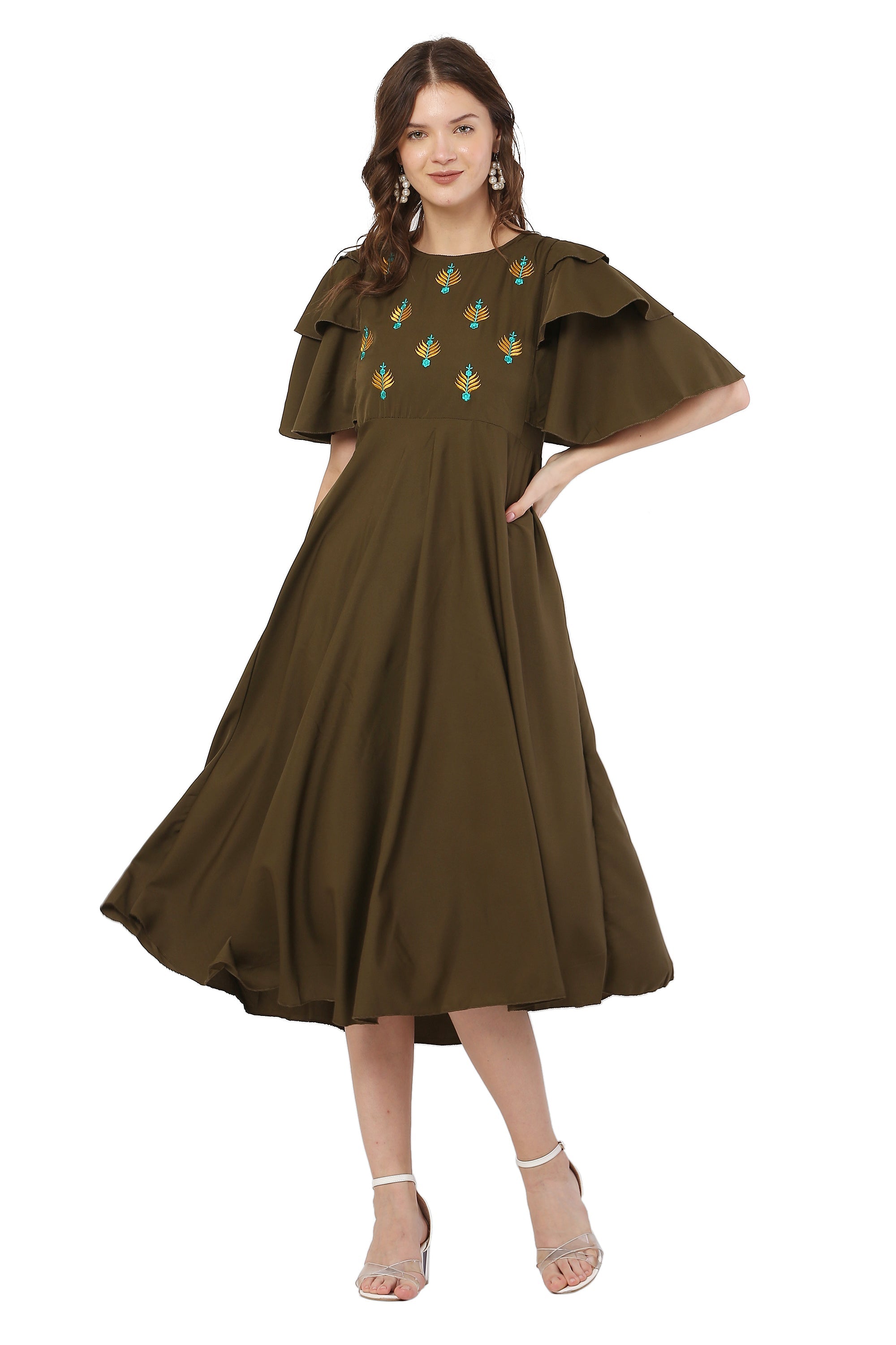 PAVONINE Mehandi Green Color Crepe Fabric Embroidery Dress For Women | Grocsy